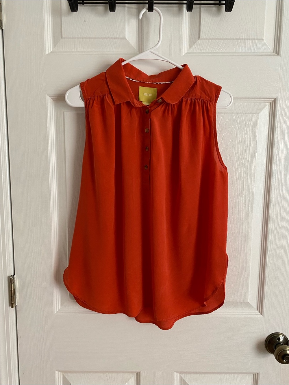 Maeve 100% Silk Sleeveless Collared Blouse- Bright Orange | Size S